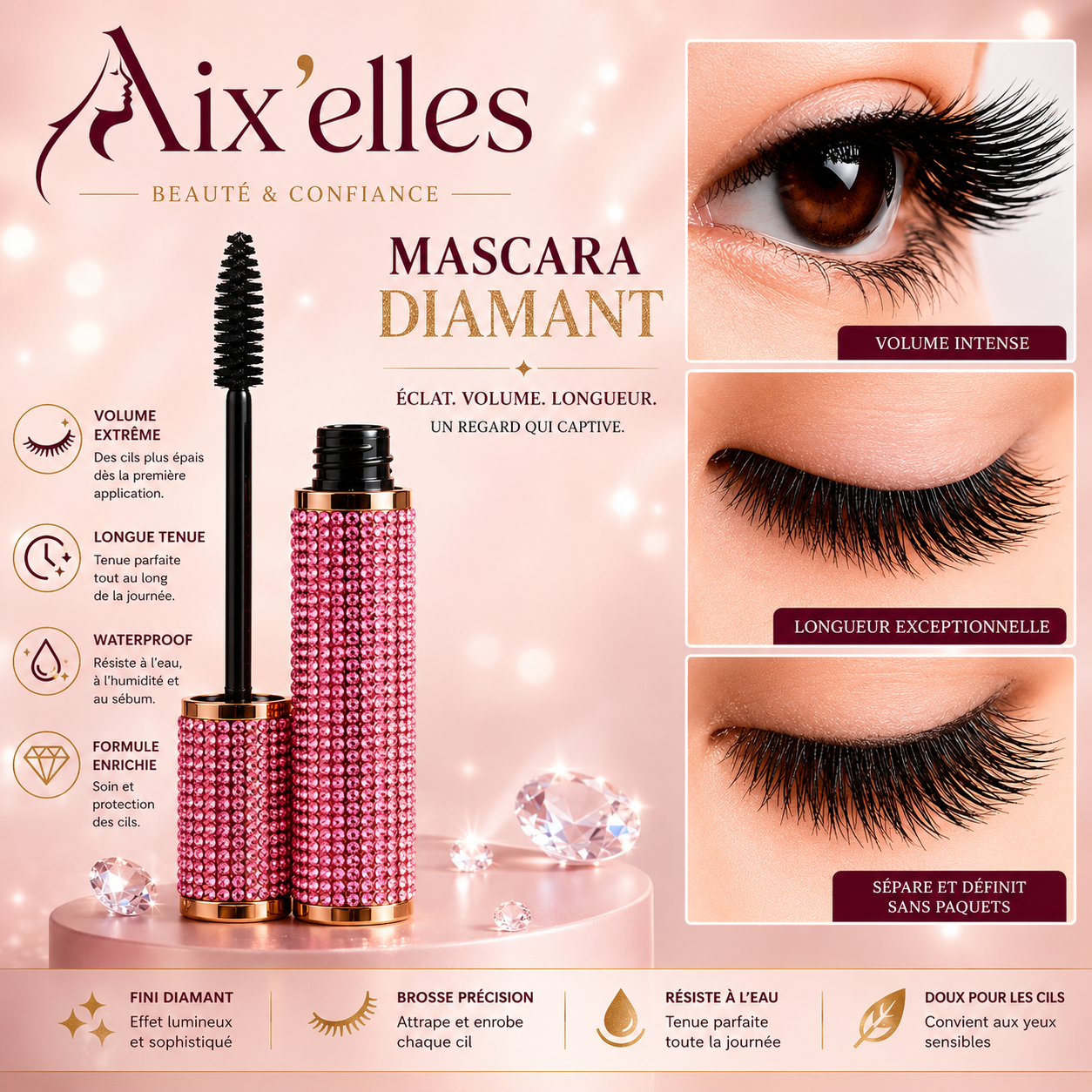 Mascara Diamant Waterproof – Volume & Longueur Extrêmes